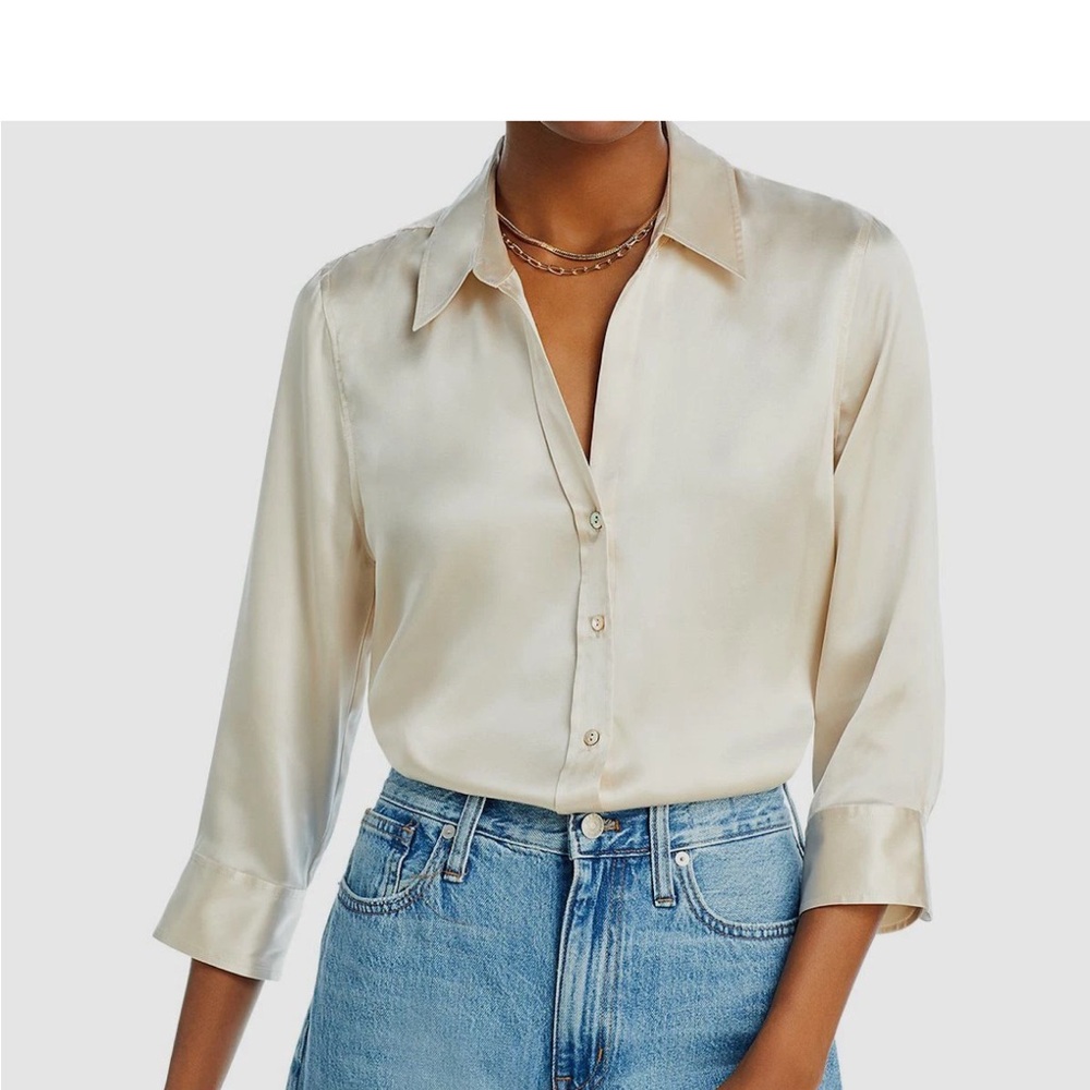 L'AGENCE Cream 3/4 Sleeve Notched Collar Blouse